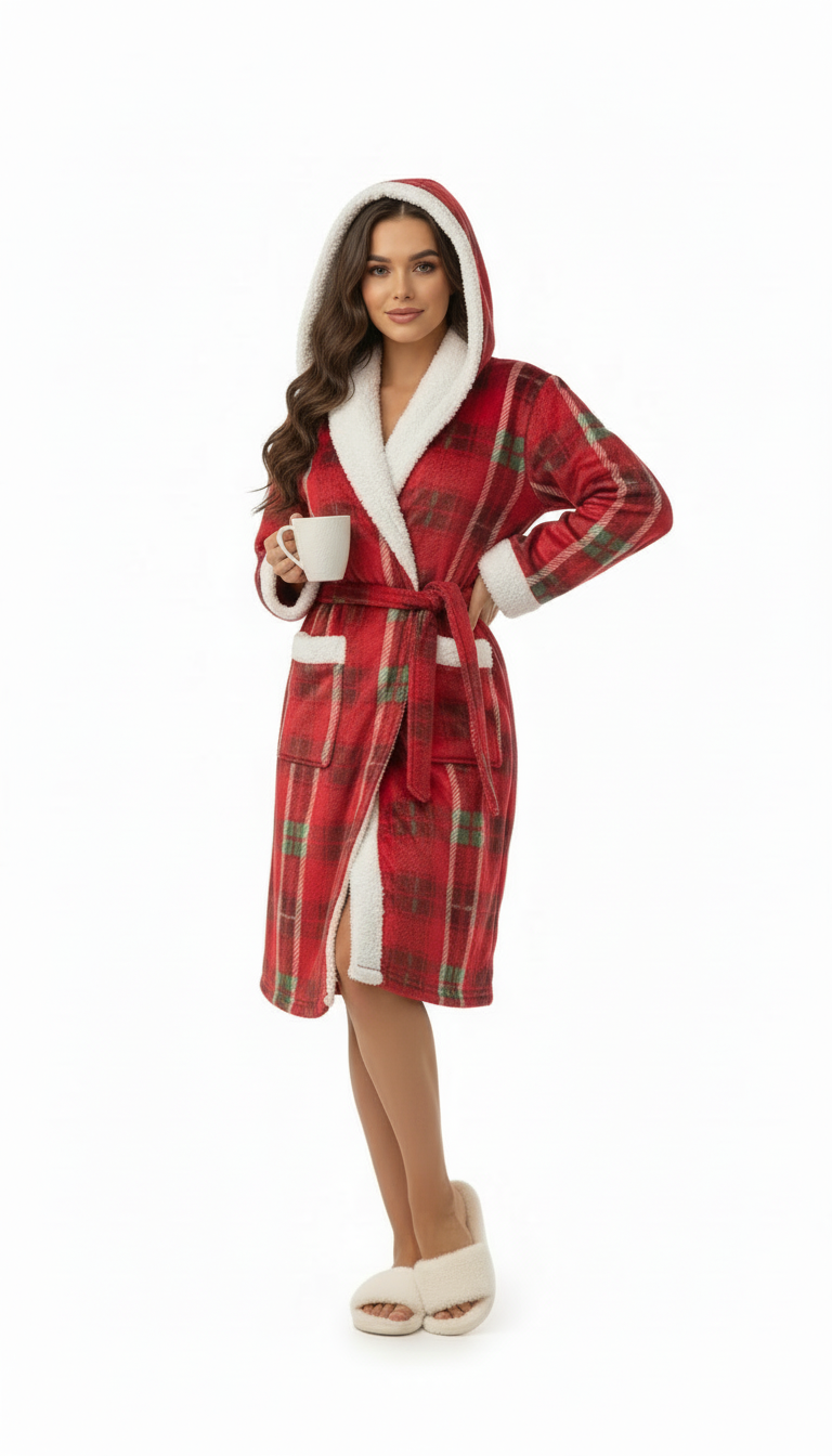 Robe de Chambre Rouge à Carreaux Capuche Lapin